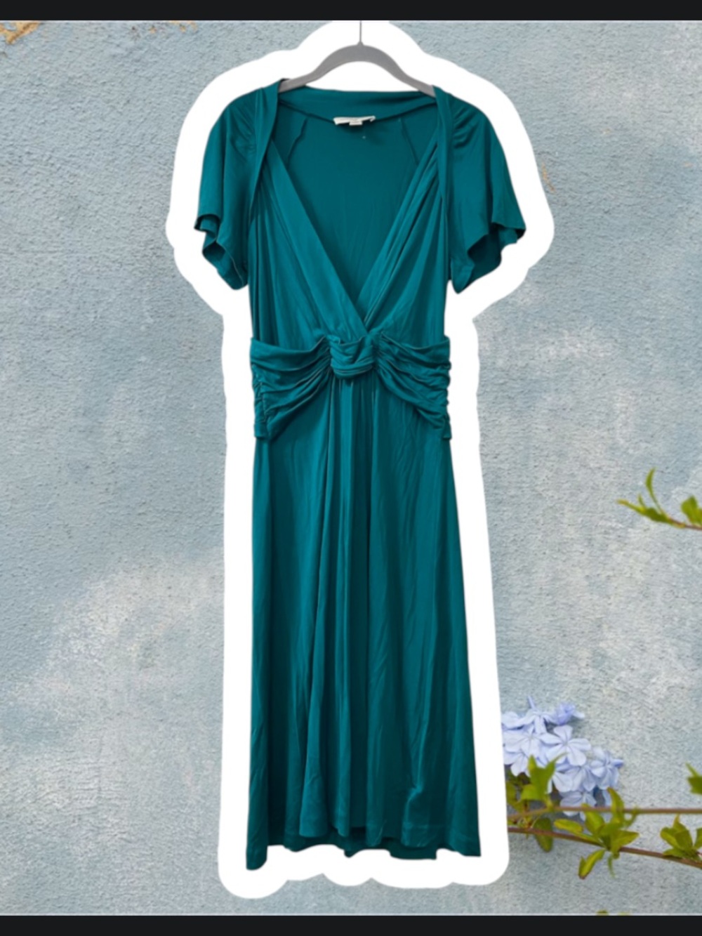 Banana Republic Y2K teal 100% silk short sleeve midi v neck dress medium M